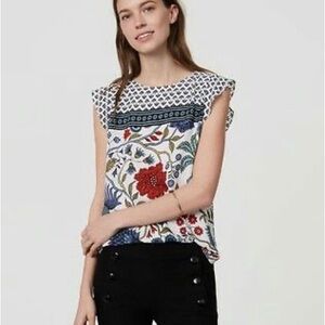 LOFT -Primavera White Floral-Print Cap-Sleeve Top with Red & Blue Accents-Size M
